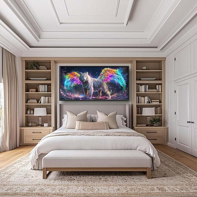 Flintis Large Tiger Wall Art White Tiger Angel Wings Pictures Wall Decor Abstract Animal Canvas Painting Print Artwork Decoration Framed for Living Room Bathroom Master Bedroom Office 60L x 30W