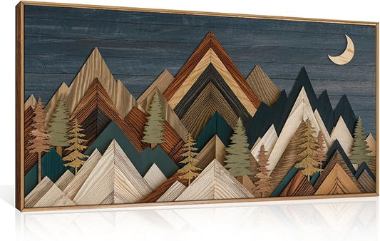 HPINUB Mountain Style Framed Canvas Wall Art Set,Vintage Pine Tree Wall Decor, Nature Country Wilderness Forest Artwork,Modern Navy Blue Art Prints for Living Room,Bedroom,Farmhouse- 20"x40"
