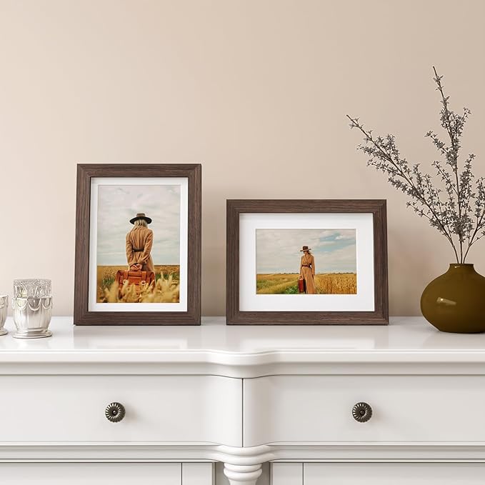 Egofine 6x8 Picture Frames Set of 4, Made of Solid Wood Covered by Plexiglass 4x6 and 5x7 with Mat or 6x8 without Mat, for Table Top Display and Wall Mounting Photo Frame Brown