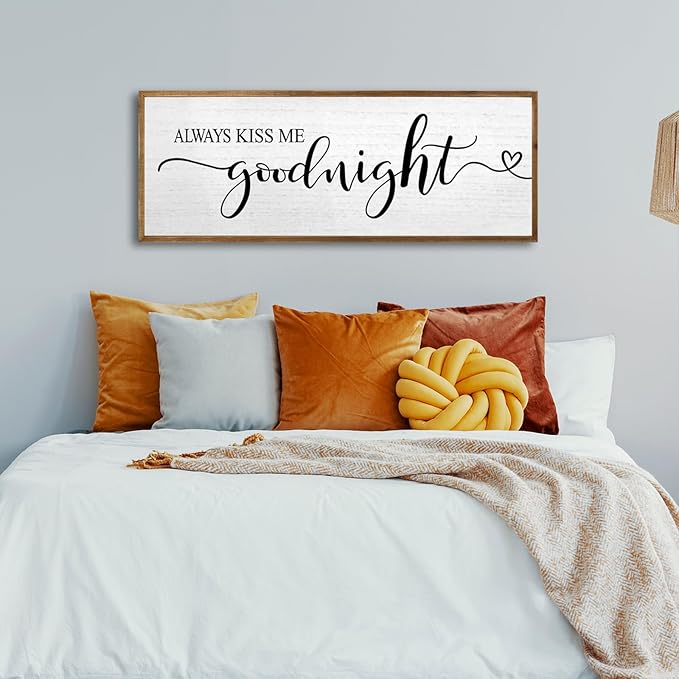 Always Kiss Me Goodnight Wall Sign 40''×15'' Vintage Master Bedroom Above Bed Farmhouse Wooden Framed Family Wall Decor for Larg Couples Over Bed Wall Art Decoration (Wood)
