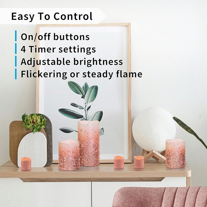 FURORA LIGHTING Pink Glitter LED Candles with Remote and Timer, 4 Pillars and 4 Votives Pack of 8, Real Wax Flameless Flickering Candles for Home Décor, Battery Included