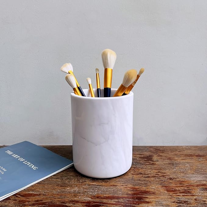 Handmand Natural Marble Stone Vintage Kitchen Utensil Holder - 5.1" D X 6.3" H Kitchen Counter Organizers and Storage Tool Crock (Jazz White)