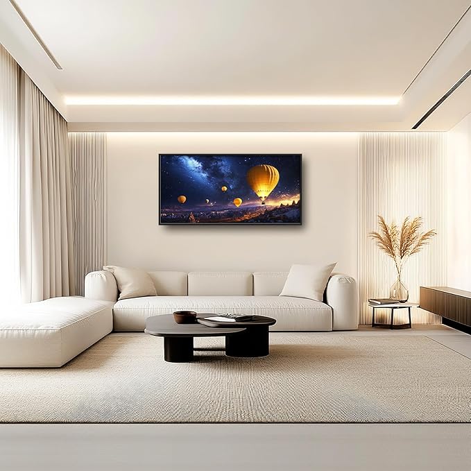 Olivine Hot Air Balloon Wall Art, Cappadocia Landscape Pictures Wall Decor, Night Adventure Paintings, Travel Canvas Prints, Framed Artwork for Bathroom Bedroom Living Room Office Home 60"x30"