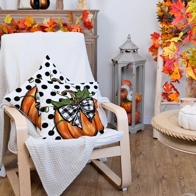 AACORS Fall Throw Pillow Cover 16x16 Set of 2,Polka Dots Pumpkin Decor Autumn Farmhouse Seasonal Pillow Case Decoration for Home Sofa Couch AA279-16-2