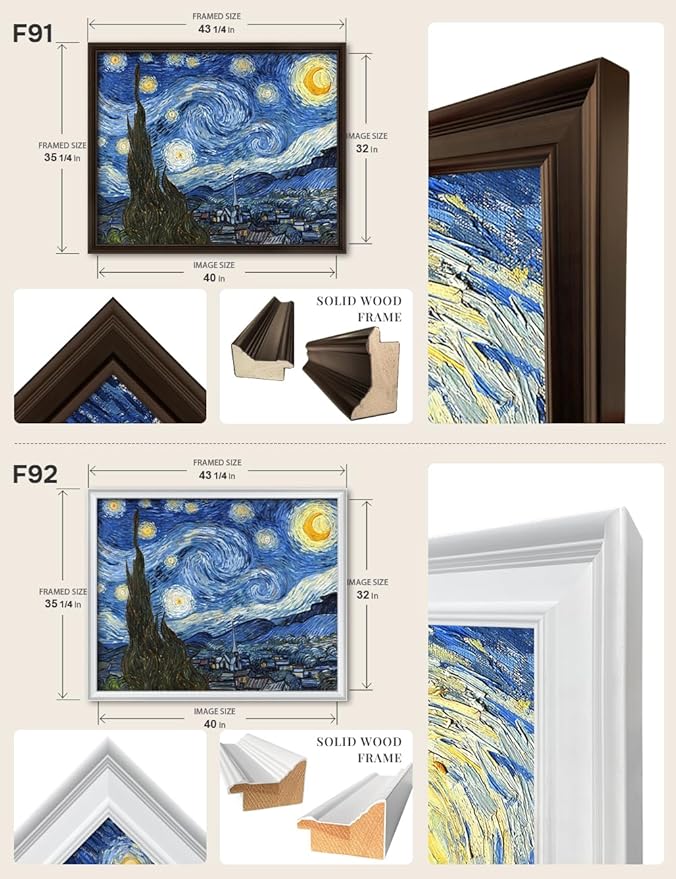 DECORARTS - Starry Night by Vincent Van Gogh Art Reproduction. Oversize Solid Wooden Frame Matching with Giclee Prints Canvas Wall Art. Total framed size: 43x35