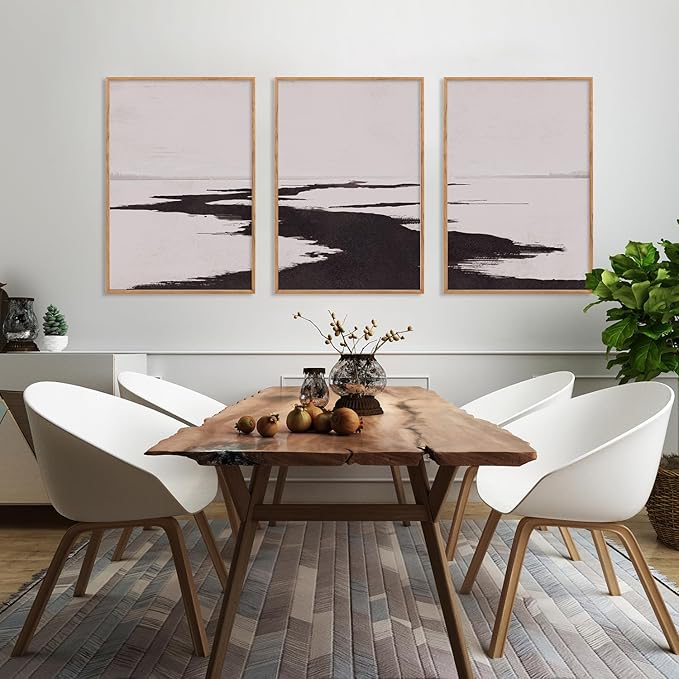 KAIRNE Abstract Neutral Lake Framed Wall Art Set, Neutral Shape Wall Painting, Abstract Black and Grey Landscape Wall Decor, Modern Watercolor Art Print for Living Room, Bedroom, Office - 16"x24"x3