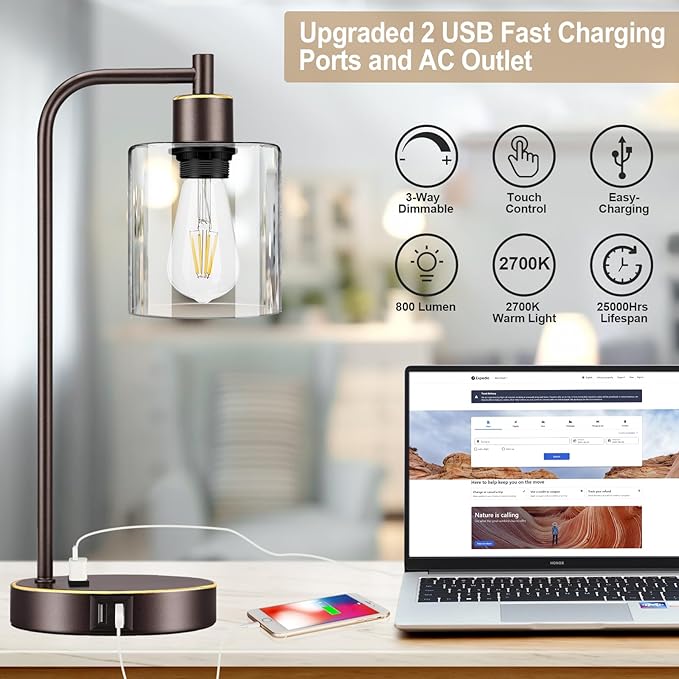 Industrial Touch Table Lamps Set of 2 - Bedside Lamps with 2 USB Ports & AC Outlet, 3-Way Dimmable Nightstand Desk Lamp for Bedroom Living Room, Glass Shade & 2 LED Bulbs Included - Oil-Rubbed Bronze