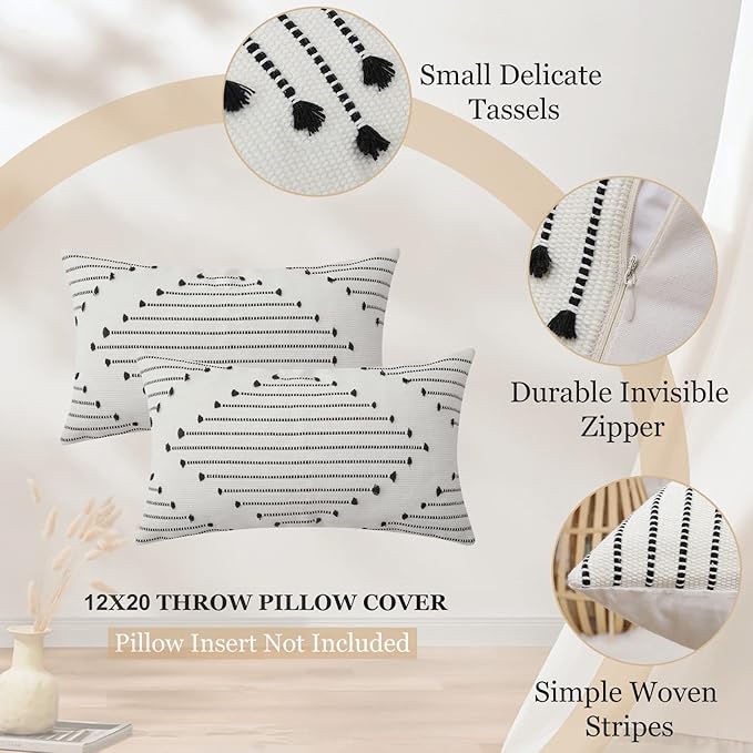 Mecatny Boho Outdoor Throw Pillow Covers 12X20 Set of 2, Farmhouse Lumbar Pillow Covers for Couch Sofa Living Room, Black & Cream White