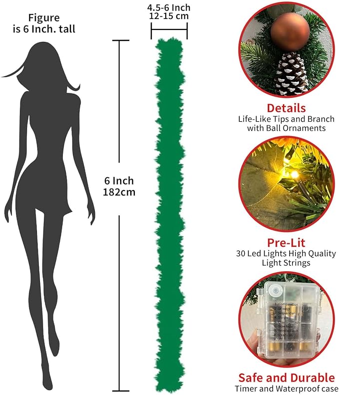 WANNA-CUL Pre-Lit 6 ft/ 72 Inch Christmas Garland with Lights Decoration for Mantle with Copper Gold Christmas Ball Ornaments,Battery Operated 30 LED Lights