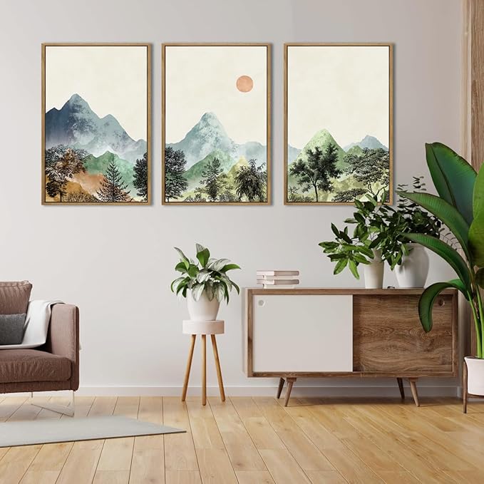 ANHUIB Mountain Wall Art 16x24 Inch Watercolor Landscape Wall Decor Sun Forest Painting Minimalist Pine Tree Artprint Nature Illustration Set of 3 for Living Room Dining Room Office