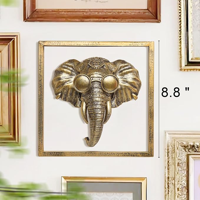 Animal Heads Wall Decor (Includes Metal Frame) Resin Animals Sculptures Head Wall Hanging Decoration Gold vintage Wall Sculpture for Living Room Bedroom Office (Elephant)