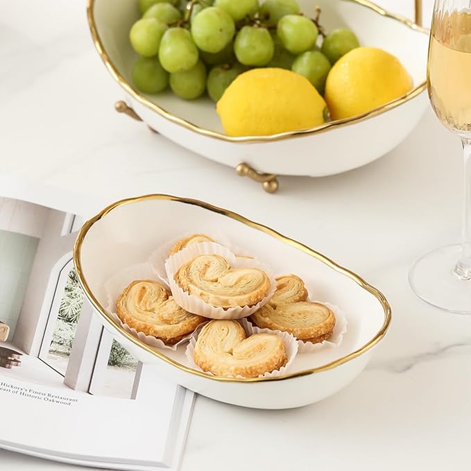 2 Tier Ceramic Fruit Bowl for Kitchen Counter, Tiered Fruit Basket for Countertop, Modern Multi Layer Fruit Display Stand for Party, Cute & Smal (Gold-rimmed)