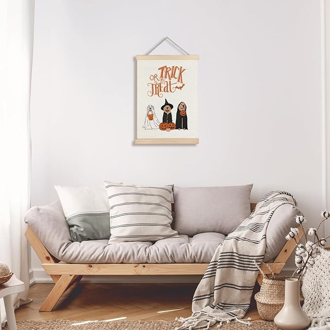 Supwhd Trick or Treat Halloween Ghost Dogs Pumpkin Wall Art with Wooden Poster Hanger, Ghost Dog Decor, Halloween Pictures Wall Decor, Spooky Wall Decor, 12x16