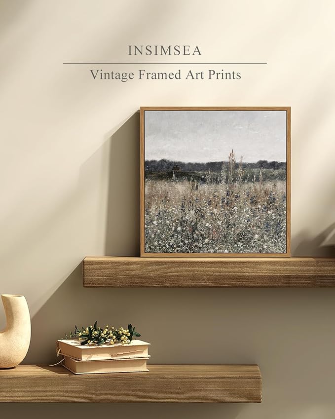 InSimSea Square Framed Canvas Wall Art, Home Decor Vintage Scenery Field Meadow Flowers Wall Art Prints, Retro Nature Floral Oil Paintings Wall Decor for Living Room Bedroom Home Bathroom 12"x12"