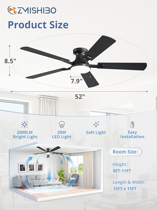 ZMISHIBO 52 Inch Ceiling Fan with Light, App&Remote Control, Flush Mount Low Profile, Dimmable 20W LED Light, Quiet Reversible Motor for Bedroom, Living Room, Apartment, Black