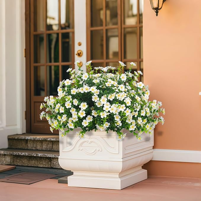 Outdoor Artificial Flowers UV Resistant & Fade Proof, 12 Pack Realistic Fake Flowers for Garden, Patio, Lawn Decor - Weatherproof Plastic Plants (White)