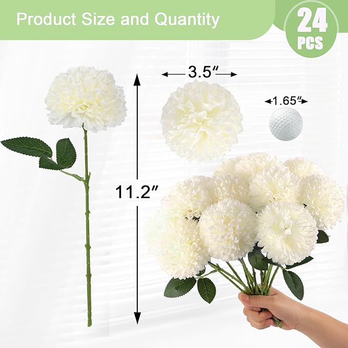 Hananona 24 Pcs Artificial Chrysanthemums Flowers Ball White Flower Bulk, Fake Mums Flowers Silk Plants for Home Decor Indoor Floral Arrangement Table Centerpiece (24, White)