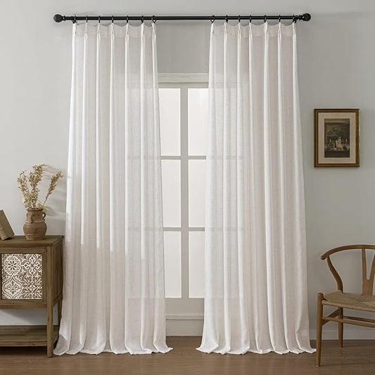 Ivory Pinch Pleated Linen Semi Sheer Curtains 96 Inches Long, Flax Light Filtering Drapes for Living Room Bedroom, White Oatmeal Window Treatments, Rustic Farmhouse Curtain Panels