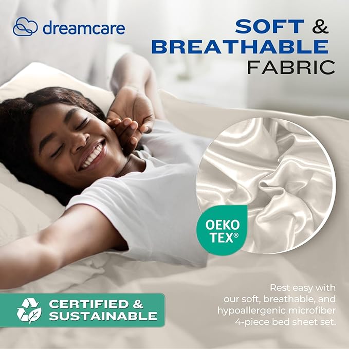 DREAMCARE Twin XL Sheet Set - Cooling Bed Sheets - 4pc Set - up to 15" Deep Pocket - Soft & Long Lasting 100% Fine Brushed Polyester with Side Pocket - Ivory