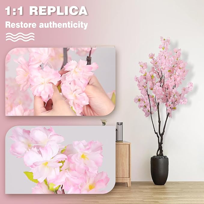 Faux Pink Cherry Blossom Tree 6.5ft(78in) Tall Artificial Plant Indoor Decor Handmade Natural Fake Sakura Tree for Wedding Realistic Silk Cherry Floral in Pot for Home Living Room,Office,Outdoor Decor