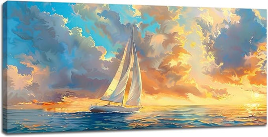30x60 inch Large Ocean Sailboat Wall Art Blue Coastal Pictures Wall Décor Abstract Ocean Canvas Print Painting Artwork Modern Home Decoration for Living Room Bedroom Office
