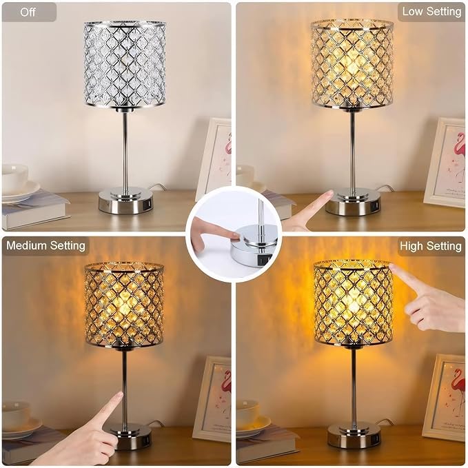 Crystal Table Bedside Lamp Touch Control, 3-Way Dimmable Small Nightstand Lamp Set of 2 with USB-C+A Charging Ports, Decorative Silver Tabletop Lamp for Bedroom Living Room Guest Room, Bulbs Included