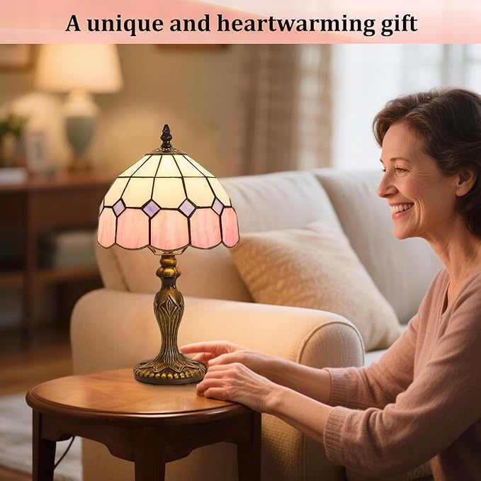 Tiffany-Style 8 Inch Table Lamp Mediterranean Series Stained Glass Lampshades Small Bedside Lamp Reading Antique Desk Light Livingroom Bedroom Office Vintage Art Deco Victorian(Color:Pink)