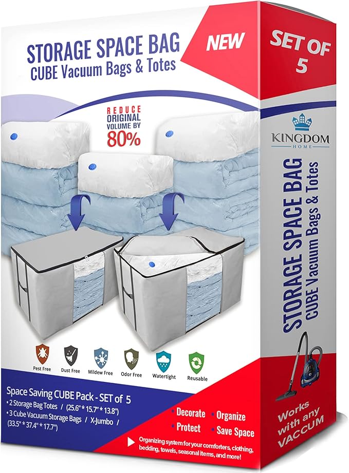 Cube Vacuum Storage Bags, Space Saver Bags, Premium Totes with Cubic Vacuum Compression Seal Bags for Clothing & Bedding. Jumbo Organizer for Storing Clothes, Comforters, Blankets, Pillows & More!