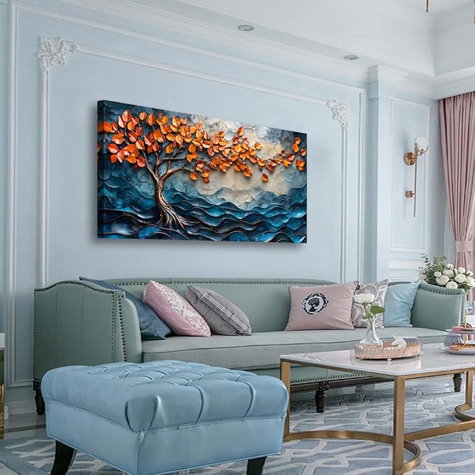 Tree of Life Canvas Wall Art Bedroom Wall Decor Living Room,Abstract Wall Art Office Kitchen Paintings Artwork Modern Blue Wave Leaf Pictures Art Prints Waterproof Ready to Hang-20x40inch