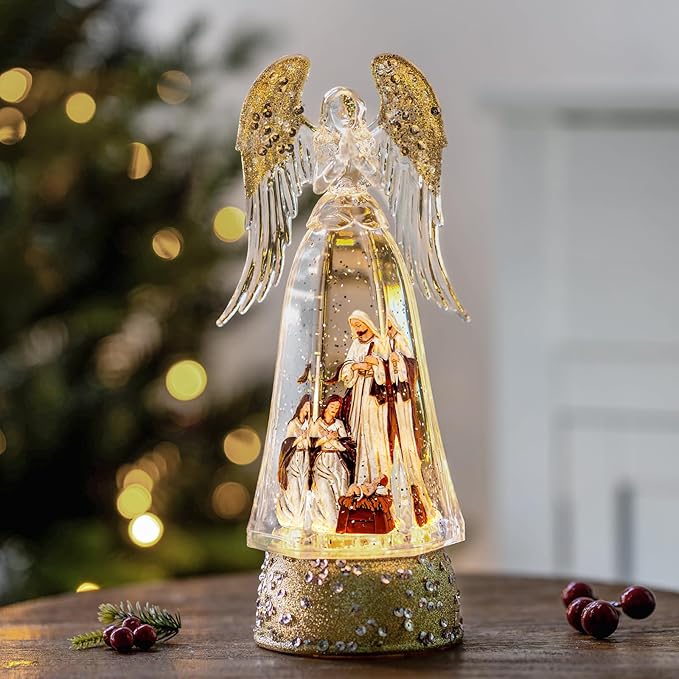 Christmas Snow Globe Lantern Water Glittering Angel & Nativity with Music & Timer, USB Lined/Battery Operated Lighted Lantern for Christmas Festival Decoration Gifts
