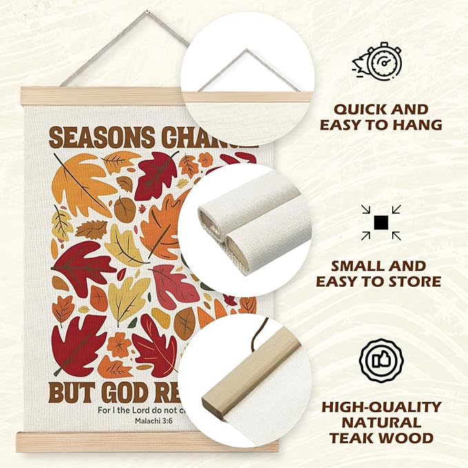 Supwhd Christian Fall Wall Art with Wooden Poster Hanger, Fall Wall Decor, Fall Posters, Farmhouse Autumn Harvest Thanksgiving Wall Art Decor, Fall Home Decor, Seasons Change God Remains 16x24