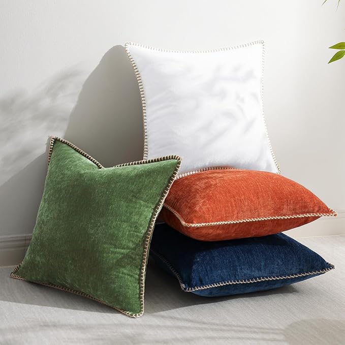 decorUhome Christmas Chenille Soft Throw Pillow Covers 18x18 Set of 2, Farmhouse Velvet Neutral Decorative Euro Fall Pillow Covers with Stitched Edge for Couch Sofa Bed Home Decor, Forest Elf