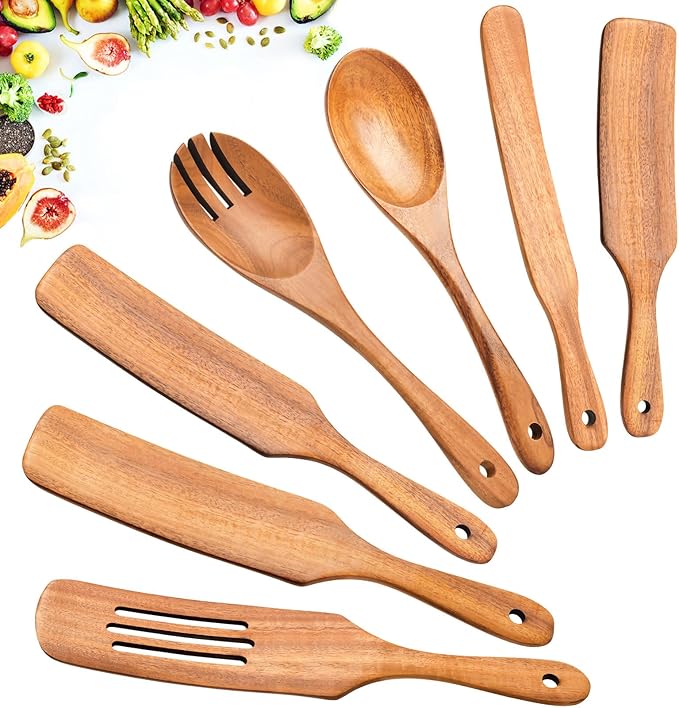 Spurtles Kitchen Tools Wooden, 7Pcs Wooden Spoons for Cooking, Natural Premium Spatula Set, Heat Resistant Cooking Utensil for Nonstick Cookware, Spurtle for Sourdough Starter