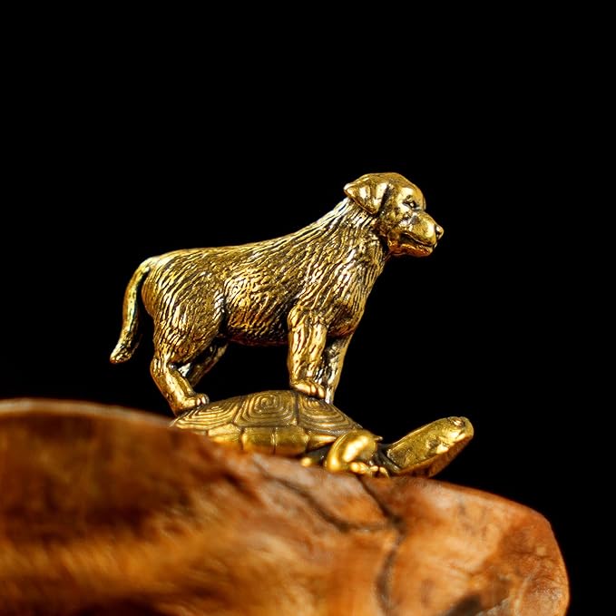 Retro Handcrafted TurtleTop Pup Statue - 100% Solid Brass Desk Decor | Vintage Style Collectible Art Piece for Home & Office | Unique Gift for Animal Lovers, Elegant Tabletop Sculpture
