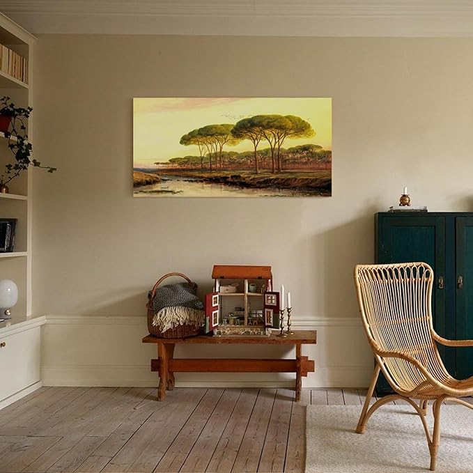 crmotu Large Canvas Wall Art, Sunset Forest Vintage Wall Paintings, Dusk Landscape Art Prints, Riverside Scenery Retro Artwork, Nature Aesthetic Pictures Wall Decor Living Room Bedroom 20"X40"