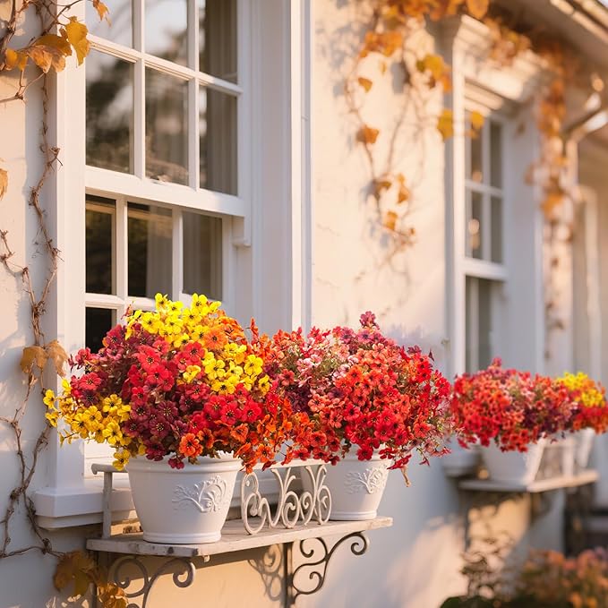 16 Bundles Artificial Fall Flowers Outdoor UV Resistant, Faux Greenery for Hanging Planters & Window Box - No Fade Thanksgiving Christmas Decor, Garden Porch Wedding (Mixed Colors)