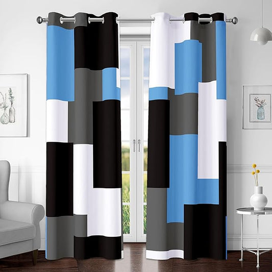 Light Blue 100% Blackout Curtains for Bedroom 63 inch Length 2 Panels Set Black Grey Modern Abstract Geometric Black Out Curtains Insulated Room Darkening Window Drapes for Living Room, 42Wx63L