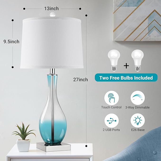 Table Lamps Set of 2 with Touch Control, 27" Bedside Desk Lamps for Nightstand Decorations, 3-Way Dimmable Modern Glass Table lamp with USB C and A Charging Ports, Blue (LED Bulbs Included)