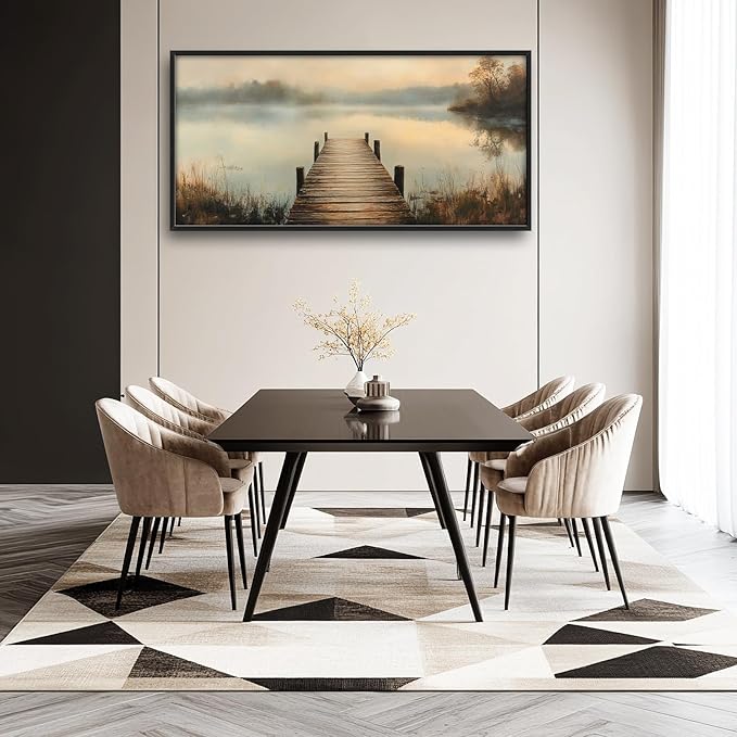 Olivine Large Wall Art, Retro Lake Pictures Wall Decor, Pier Painting, Nature Landscape Canvas Prints, Framed Artwork for Bathroom Bedroom Living Room Office Home Decoration 60"x30"