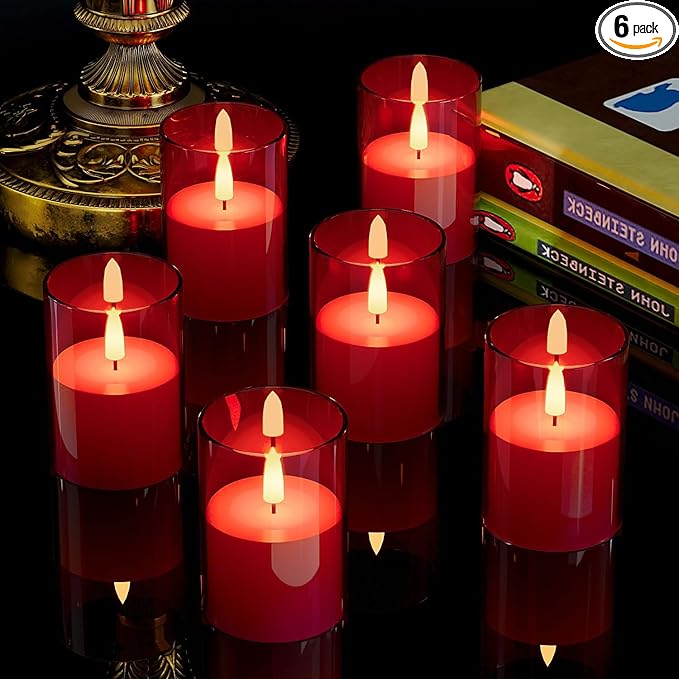 6Pack Flickering Flameless LED Candles with Timer, Battery Powered - Small Pillar & Votive, Red (2"X3")