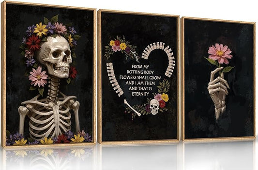 KAIRNE Halloween Gothic Skull Wall Art Set of 3, Spooky Skeleton Wall Decor and Horror Floral Prints, Dark Moody Canvas for Living Room, Bedroom, Goth Party Home Decor 16x24 inch