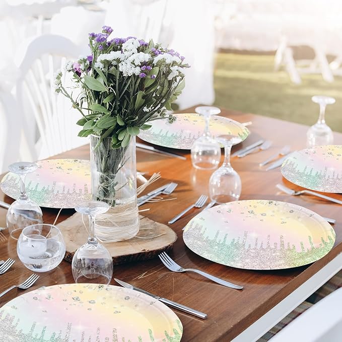 50PCS Colourful Glitter Paper Plates - 7inch Rainbow Diamond Birthday Dessert Plate for Cake Salad Pizza Disposable Supplies for Girls Women Mermaid Anniversary Birthday Wedding Party