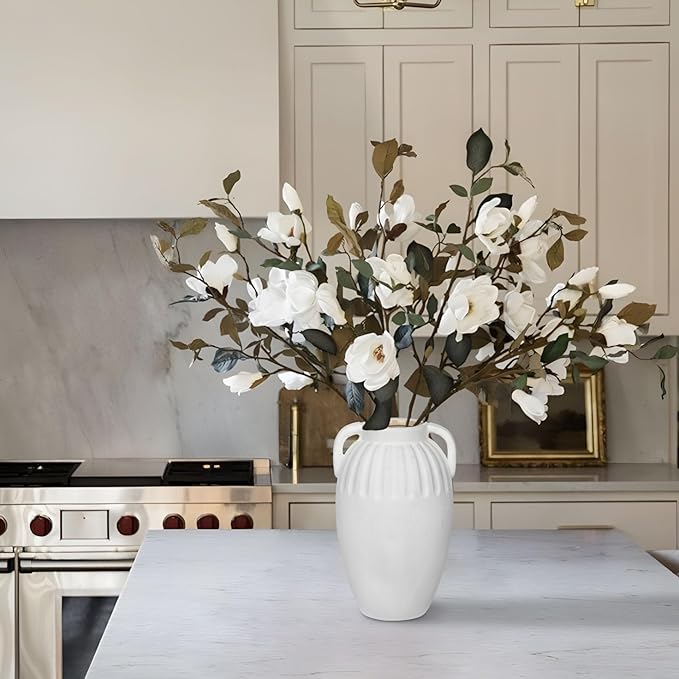 Ceramic Rustic Farmhouse Vase, 9 inch Pottery White Flower Vase with 2 Handles for Centerpieces Pampas Grass Boho Modern Rustic Farmhouse Decor for Living Room Kitchen Countertop Dinner Table Shelves