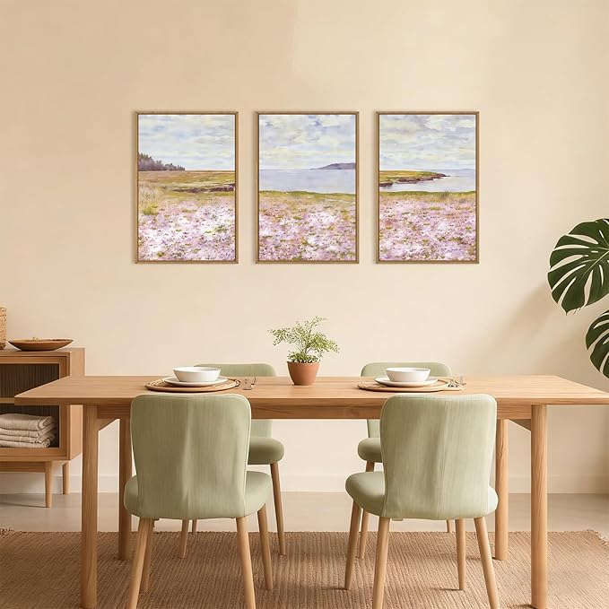 HOURIA Pink Wildflower Coastal Landscape Framed Canvas Wall Art Set,Green Meadow Field Wall Decor,Watercolor Beach Wall Painting,Modern Seaside Wall Decor for Living Room, Bedroom, Farmhouse-16"x24"x3