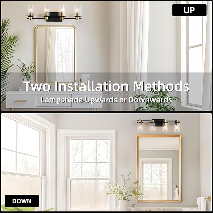 LOUSACE Bathroom Lighting Fixtures Black and Gold 4 Light Bathroom Vanity Light Over Mirror with Clear Glass Shades, Brushed Gold Socket Wall Vanity Lighting Fixtures for Bedroom Living Room