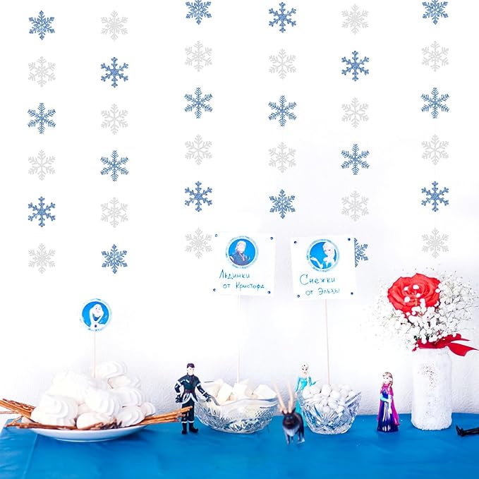 Snowflake-Snow Blue-Silver Christmas Party-Decorations Garland - 6pcs Winter Wonderland Girl Frozen Birthday Hanging Decoration Streamers Banner, Snow White New Year Supplies Holiday Decor Panduola