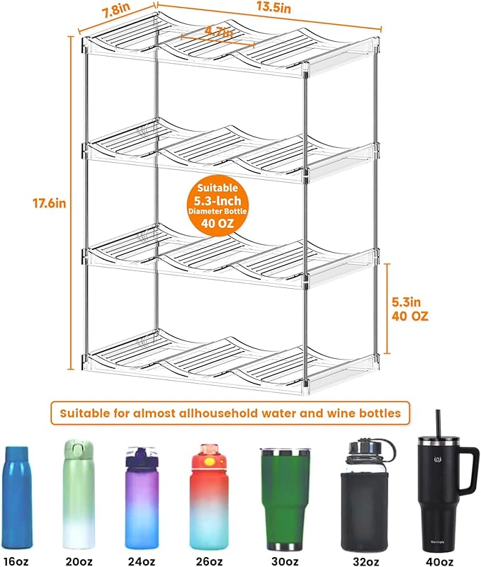Yieach 4 Tier Stackable Water Bottle Organizer for Kitchen Cabinets,Countertop,Large Compartment Water Bottle Storage Rack for 40oz Yeti,Stanley Cup,Waterbottle and Other Tumbler Organizer,Wine Rack