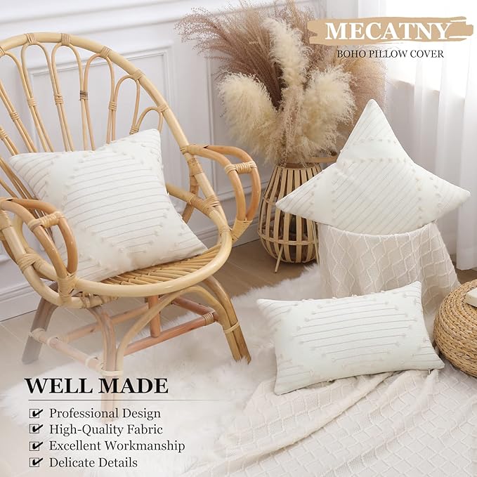 Mecatny Boho Outdoor Throw Pillow Covers 18X18 Set of 2, Farmhouse Decorative Pillow Covers for Couch Sofa Living Room, Beige & Cream White