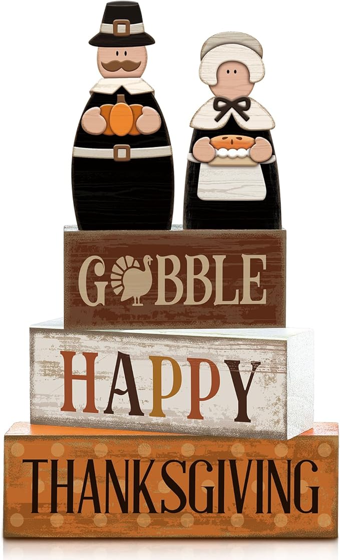 4 Pcs Fall Decoration for Home Wooden Pilgrim Couple Thanksgiving Tiered Tray Decor Fall Centerpiece Rustic Decorative Pilgrim Block Sign Gift Farmhouse Autumn Table Decor for Home Kitchen