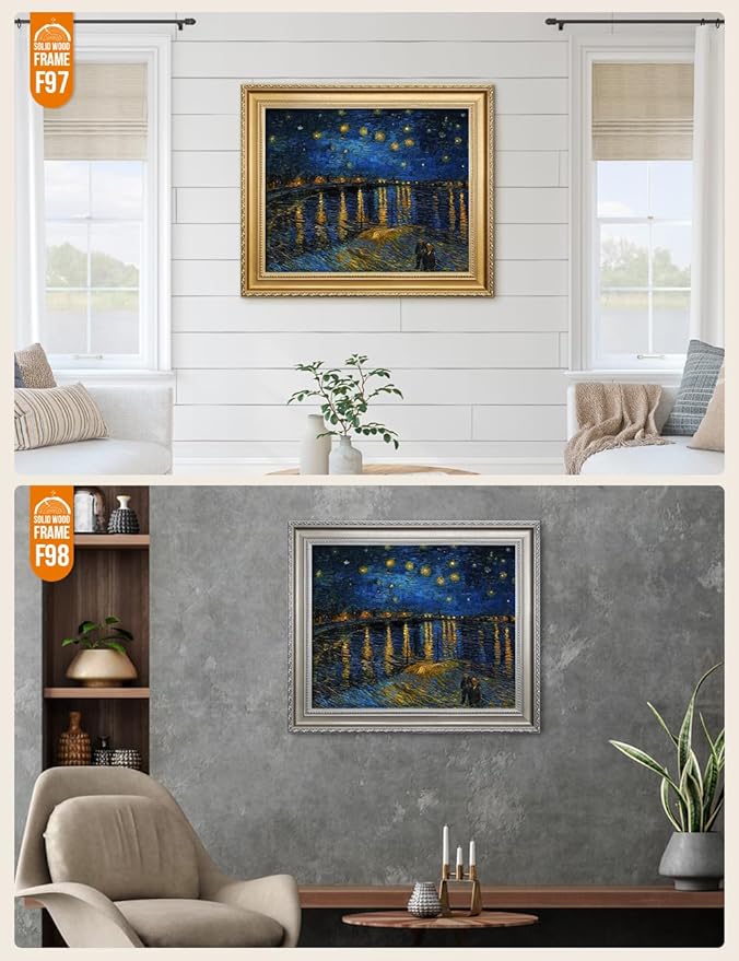 DECORARTS - Starry Night Over The Rhone - Vincent Van Gogh Giclee Prints w/Antique Brown Frame for Wall Decor. Picture Size: 20x16, Total Size w/Frame: 23x19